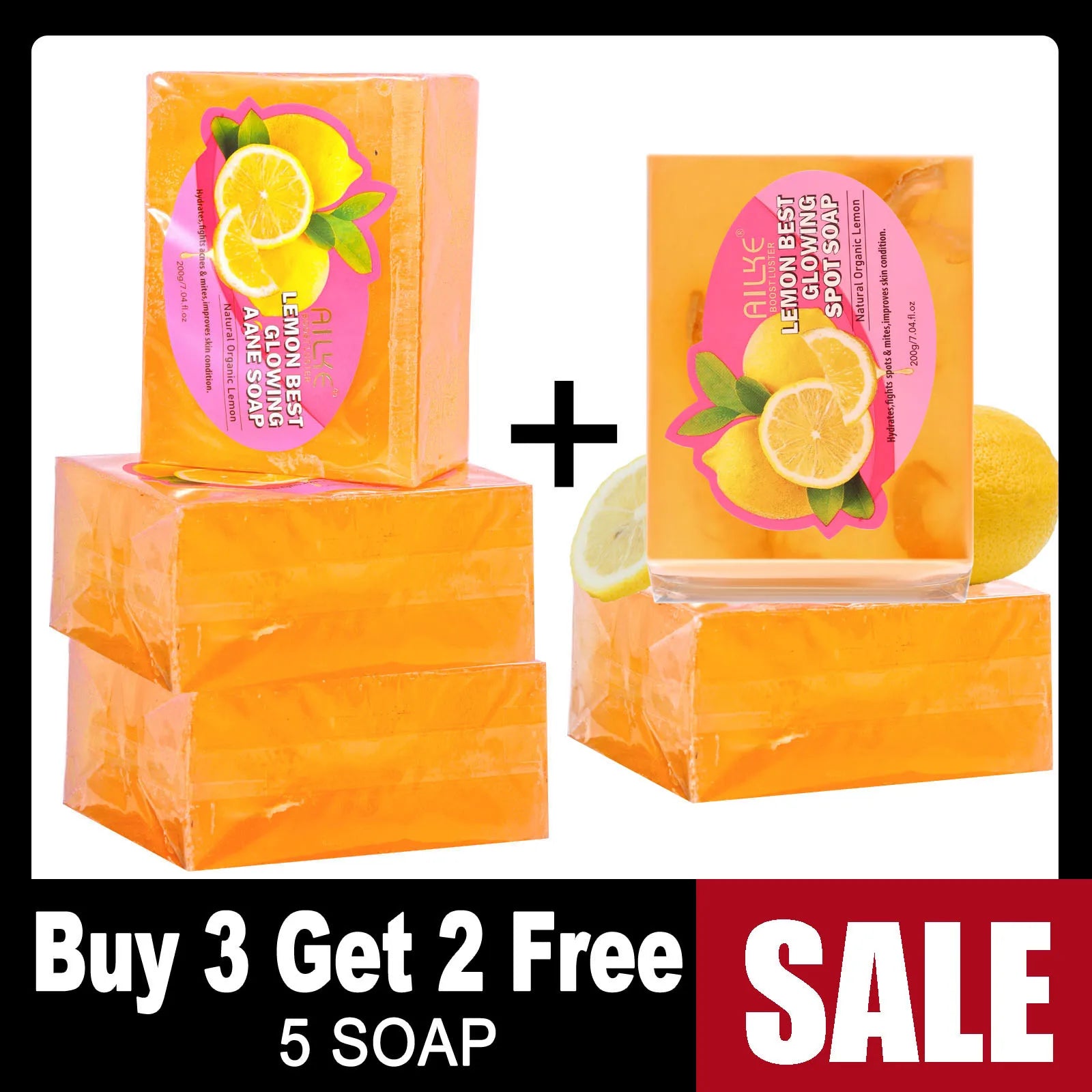 AILKE Lemon organic soap set for acne, dark spots, and skin brightening. Vegan rectangular bars, 5-pack sale bundle.