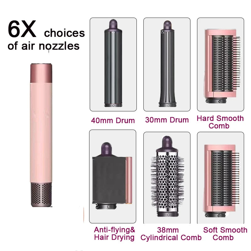 SenCiciMen 6-in-1 pink hair styler set with 6 attachments including curling barrels, smoothing combs, and hair dryer.