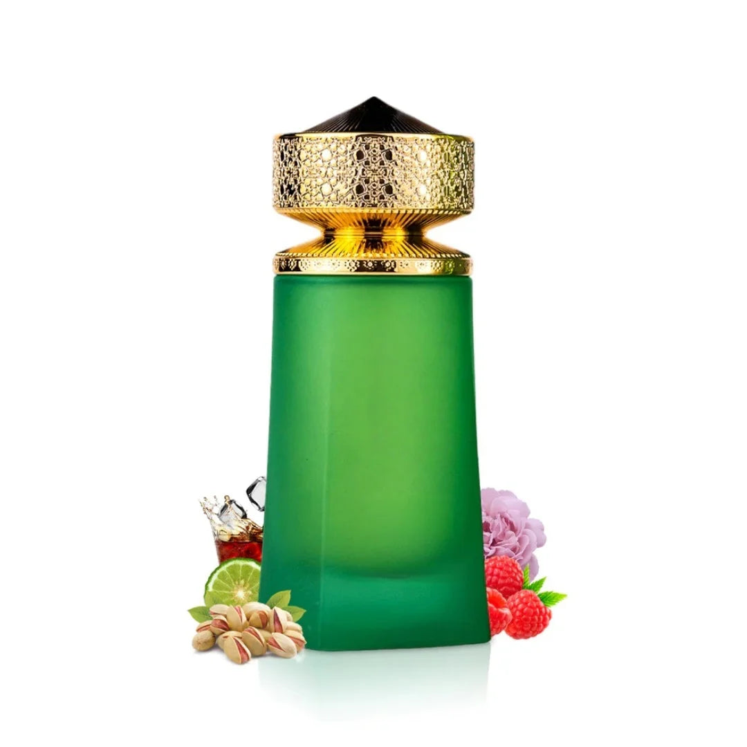 Paris Corner Eshal Vanilla EDP: Women’s fragrance with pistachio, lime, raspberry notes in a green frosted glass bottle.