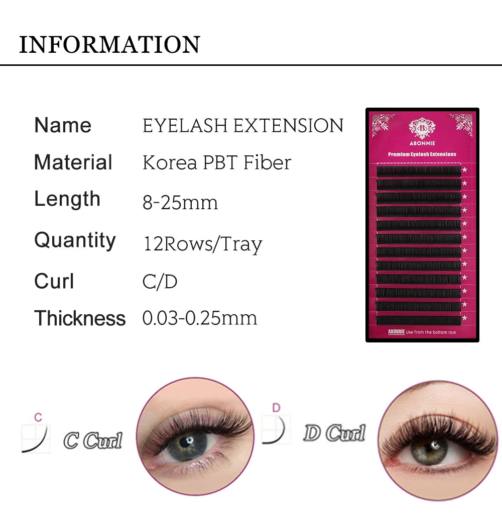 Abonnie eyelash extension product information table with black lashes in a pink tray and examples of C and D curls.