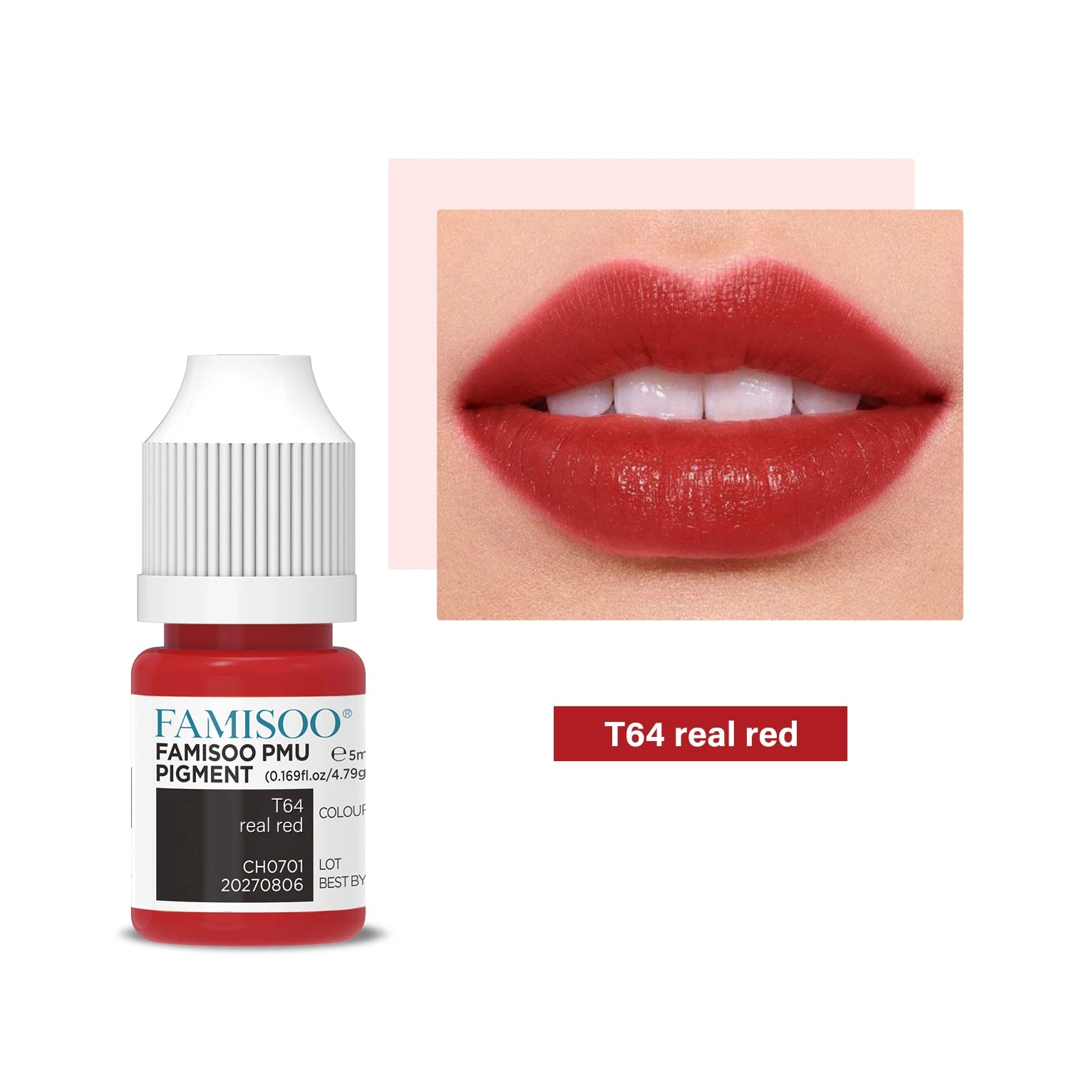 T64 Real Red PMU pigment in a 5ml squeeze bottle with a dropper tip, shown with sample red lip color swatch.