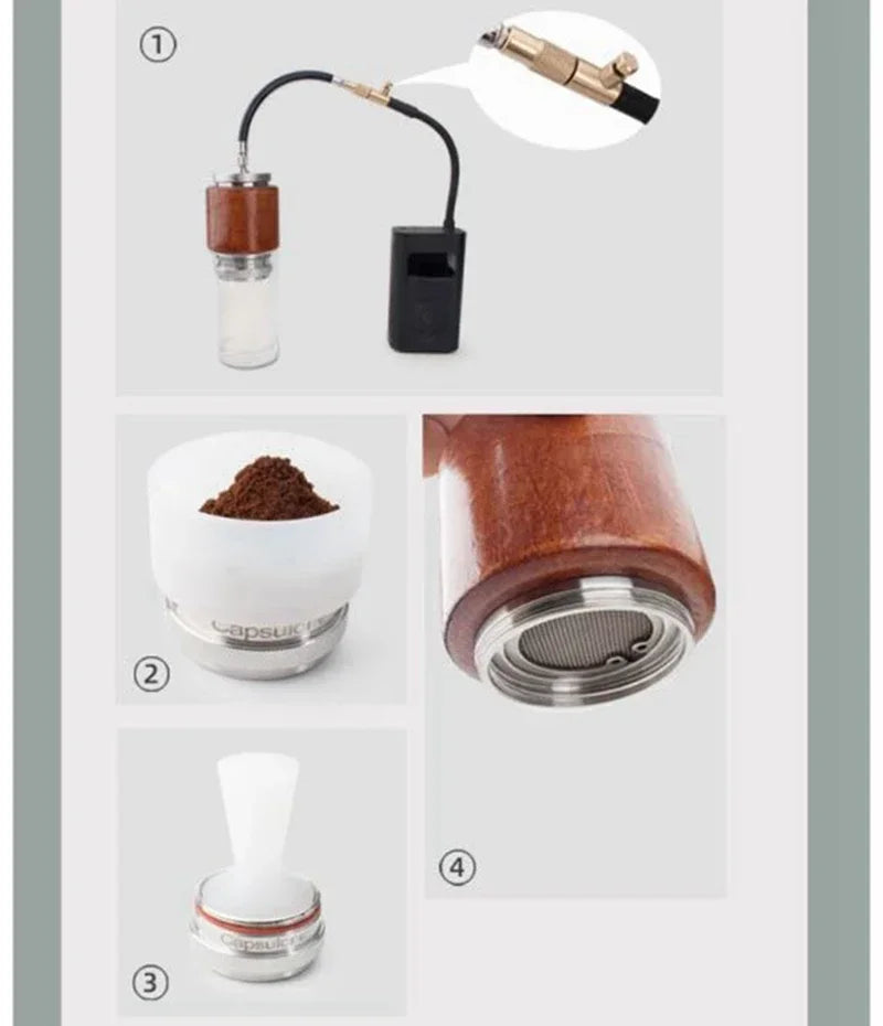 Capsulone stainless steel coffee capsule set with wood-finish body, filter, and manual pump system for espresso.