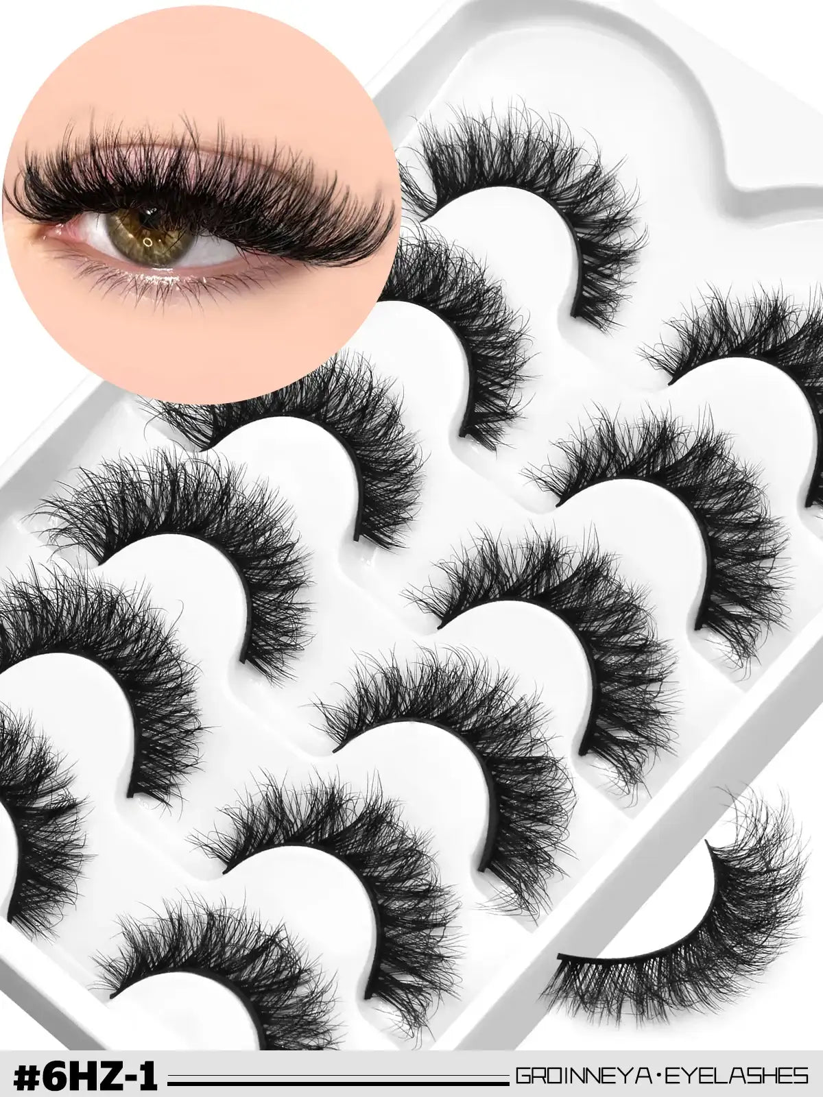 Set of black 3D mink false lashes with wispy, voluminous texture on a white tray, including an application example.