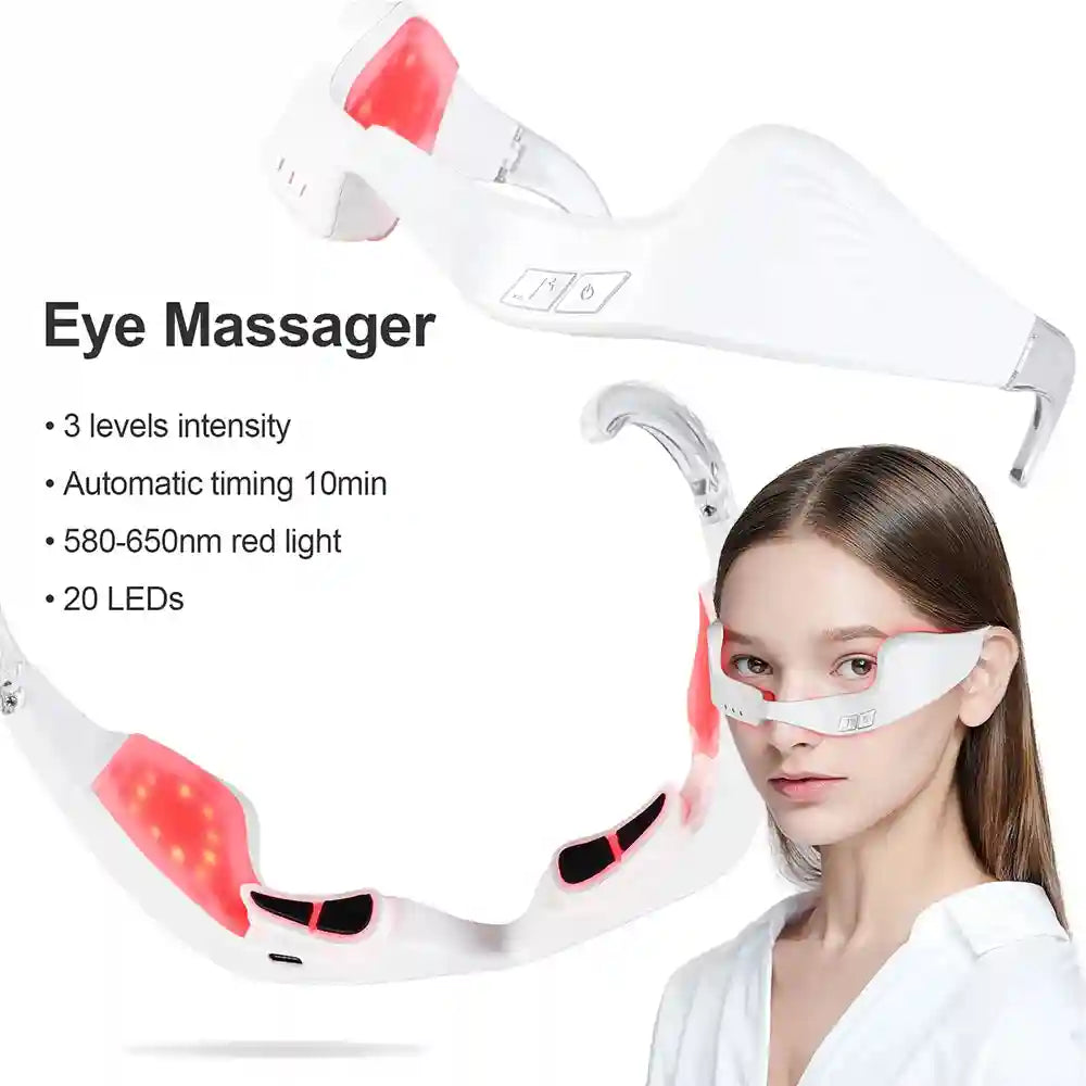 White electric eye massager glasses with 20 red light LEDs for under-eye fatigue relief and skin care.