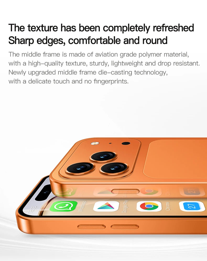ONEMYTH A18 Pro orange mini smartphone, 4-inch display, rear triple camera, durable polymer frame, side profile view.