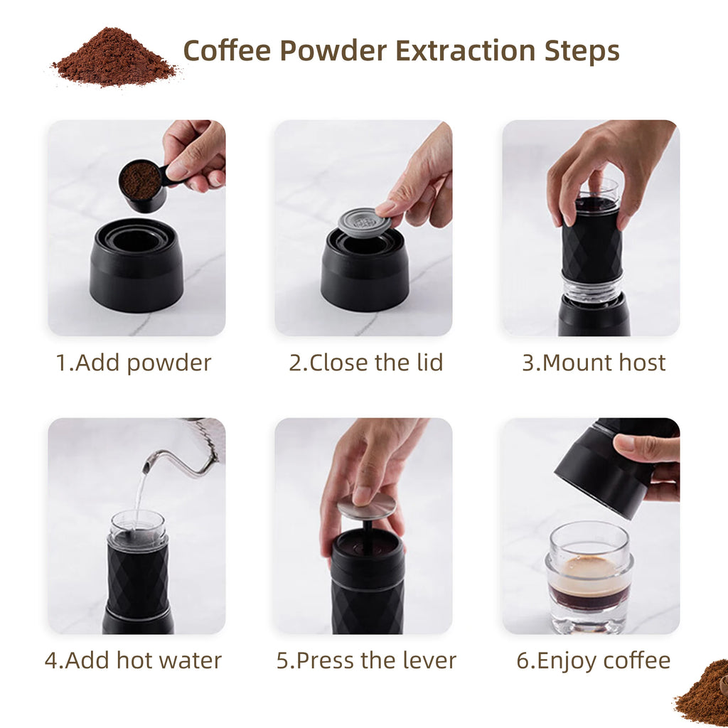 Portable black manual coffee maker with 6-step extraction guide, featuring textured design and lever operation.