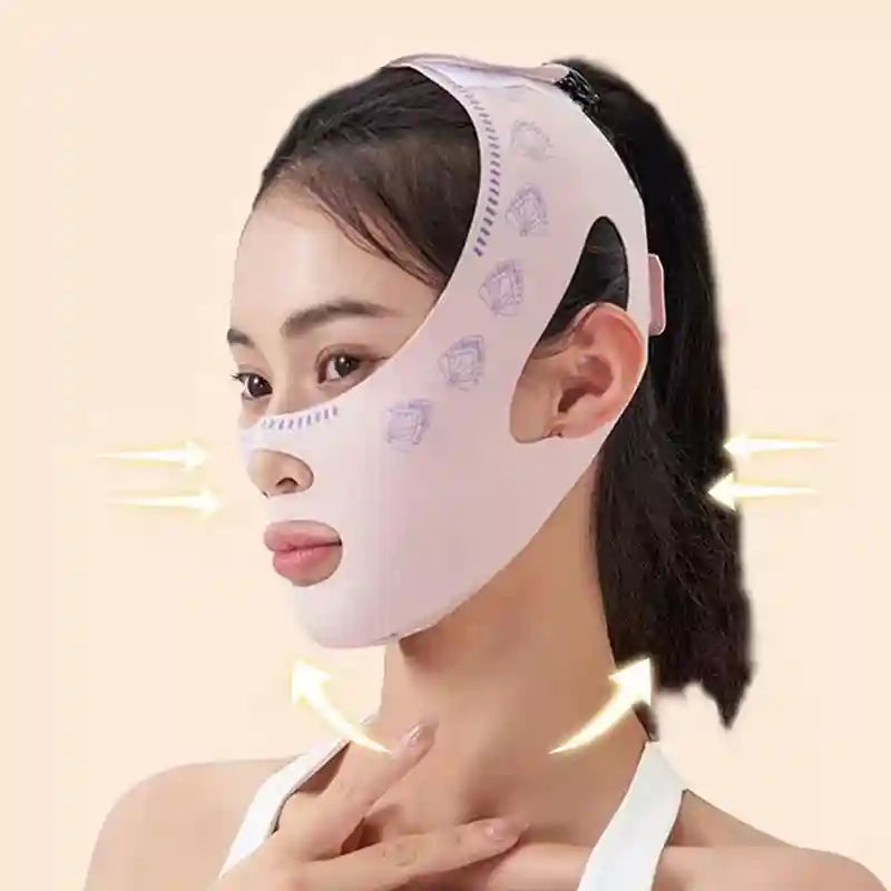 Pale pink V-line face slimming strap worn over the lower face to lift and contour the jawline.