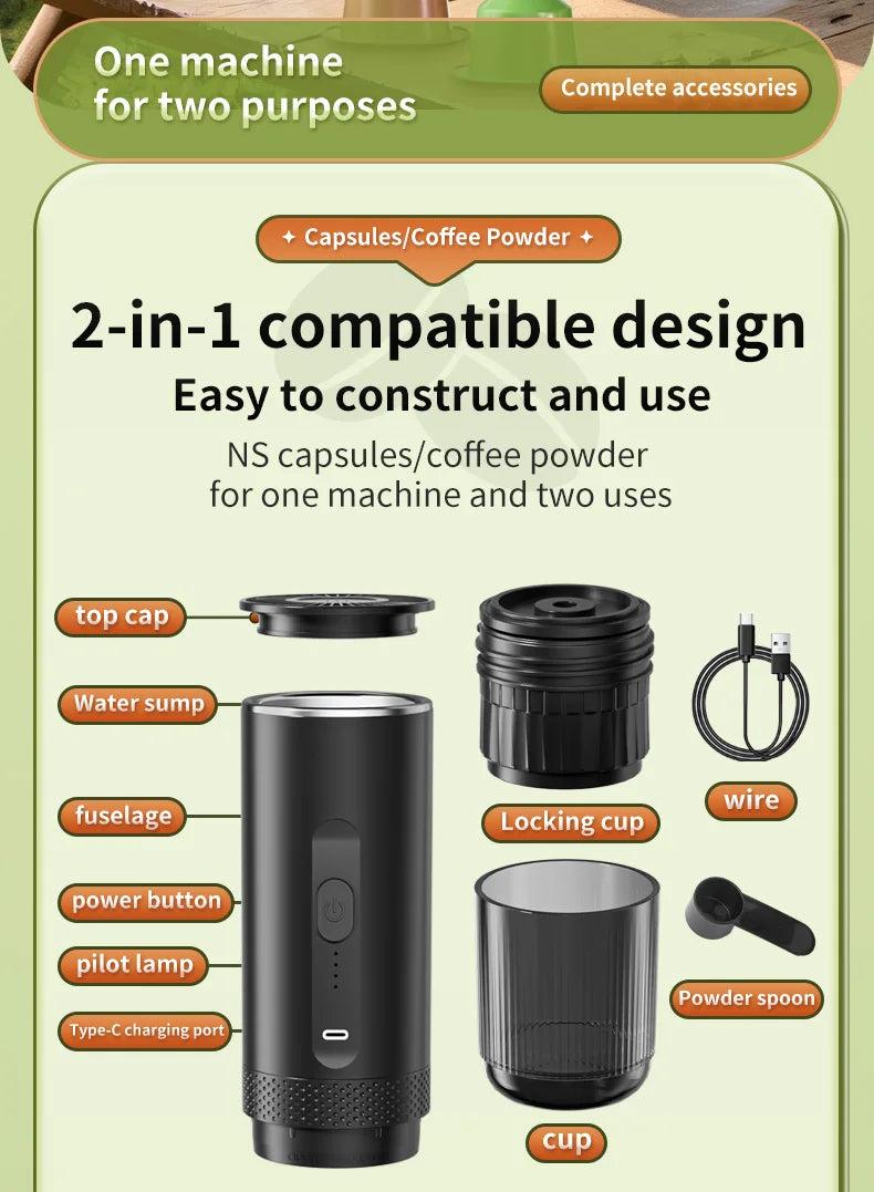 Portable 2-in-1 black espresso coffee maker for capsules or powder with USB-C charging cable and accessories.