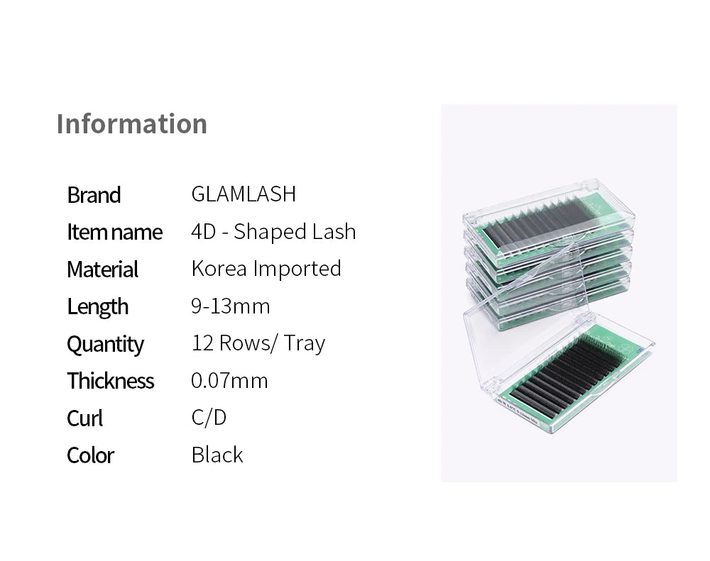 Stack of 4D black lash extension trays, 0.07mm thick, in 9-13mm lengths for professional eyelash enhancement.