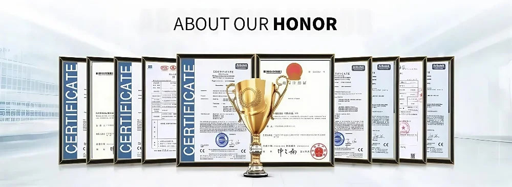 A golden trophy centered in front of a row of framed business certificates against a blurred office background.