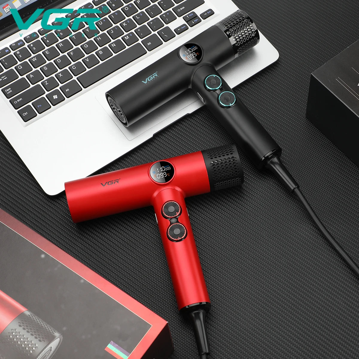 VGR V-401 professional hair dryer with LCD display, brushless motor, and settings in black and red on a desk.