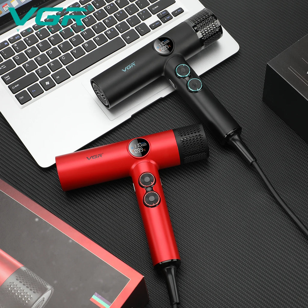 VGR V-401 professional hair dryer with digital display, high-speed BLDC motor, black and red colors.