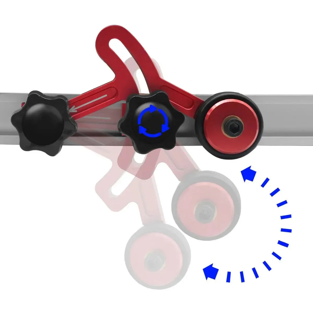 Bearing roller stock guide with red rollers and black star knobs; tool alignment shown