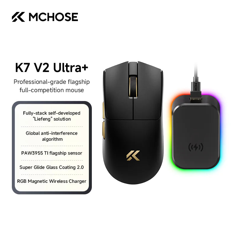 MCHOSE K7 V2 Ultra + Newly Upgraded Gaming Mouse PAW3955 TI 50000DPI 8K Lightweight Wireless Mice With Magnetic Charging Base
