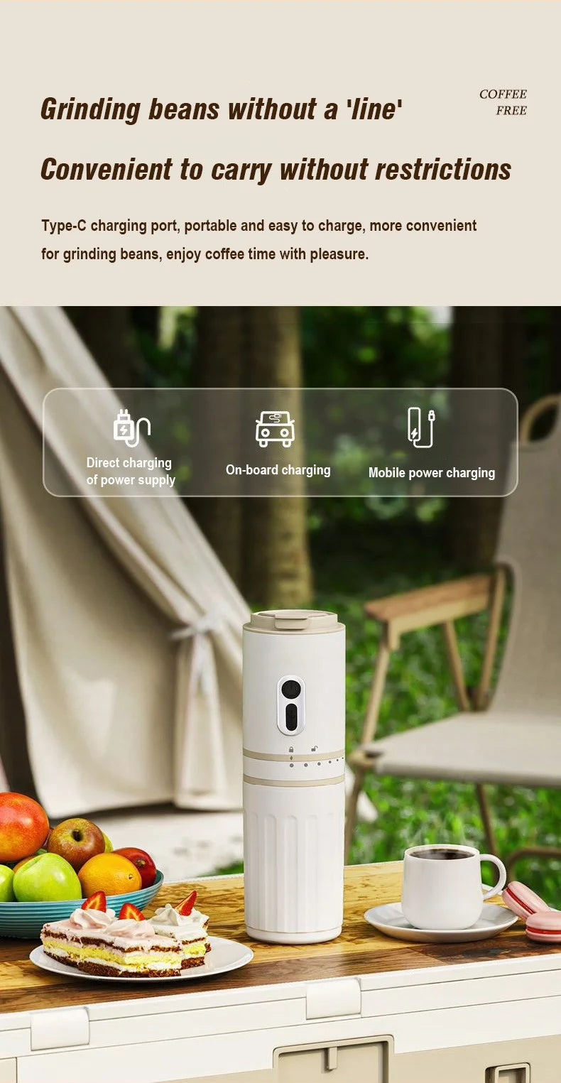 Portable white USB-C rechargeable coffee bean grinder and brewer for outdoor camping travel.