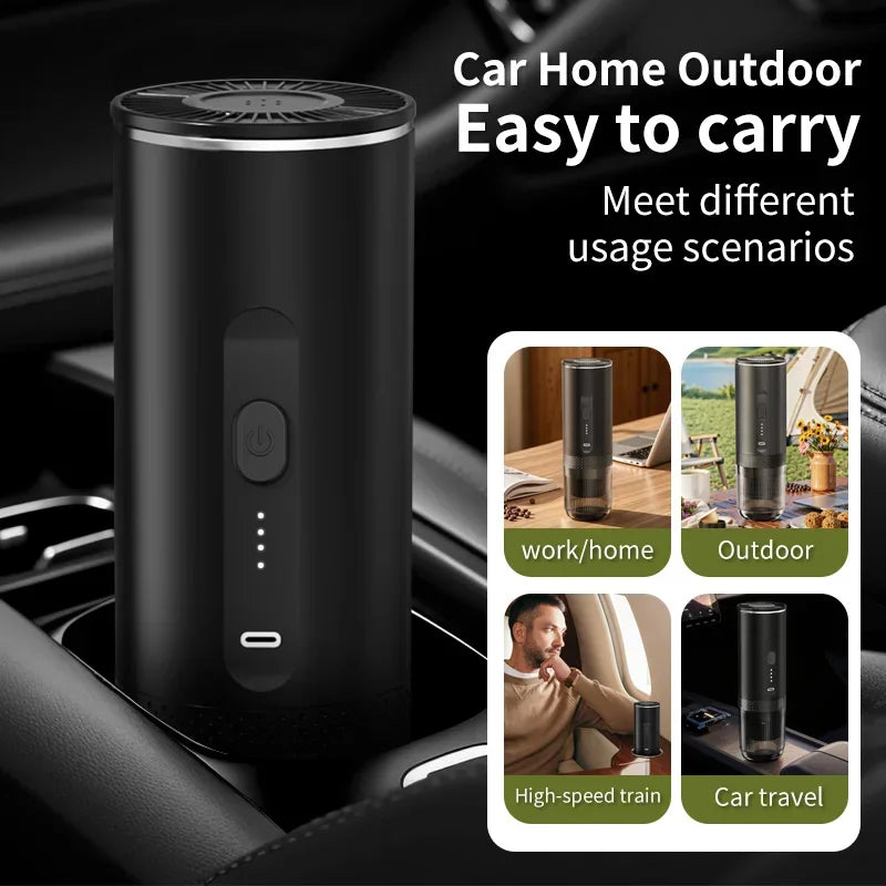 Portable black electric coffee maker for car, home, and travel use with USB-C charging and LED battery indicator.