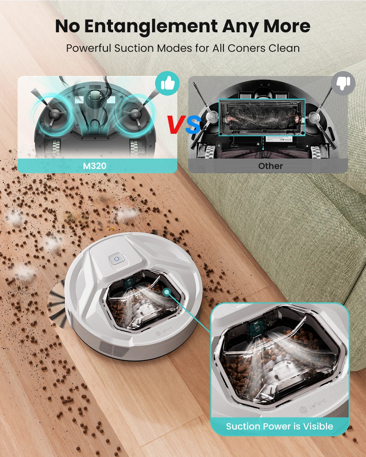 Tidesmit Lefant M320 robot vacuum cleaning a carpet with 6000 Pa suction power and advanced sensor technology