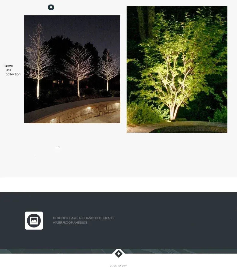 Set of outdoor LED landscape spike lights shining trees along a walkway in warm white