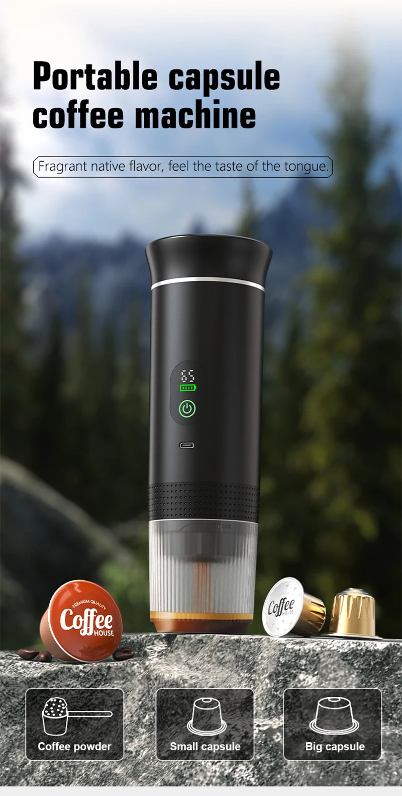 Black portable capsule coffee maker with LED display, USB-C charging, and travel-ready design for ground coffee.