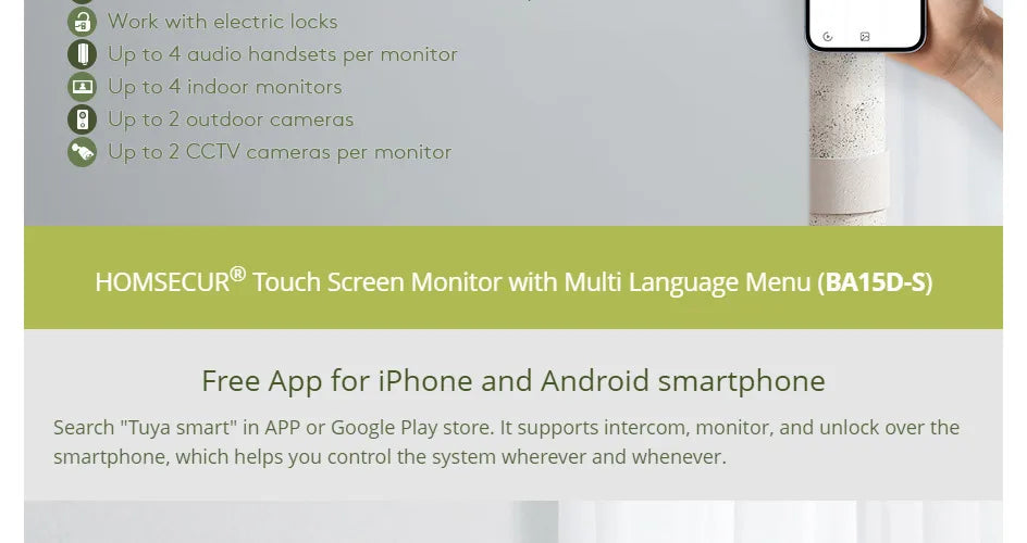 4 Wire WIFI Tuya Smart 7" Touch Screen Monitor BA15D-S Menu Motion Detection For HOMSECUR 1080P Video Doorphone Intercom