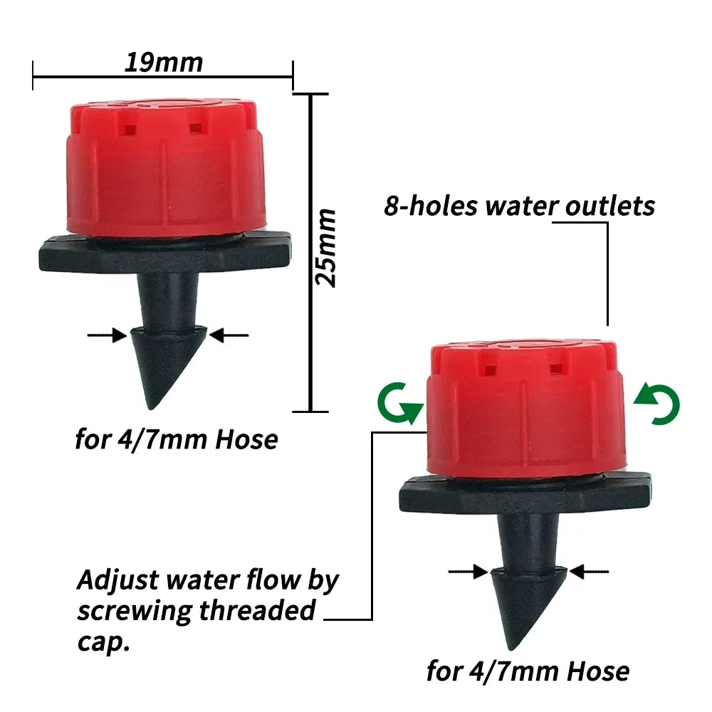 Adjustable 4/7mm hose drip emitter with red 8-hole outlet and flow control cap