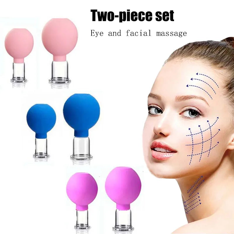 Sets of pink, blue, and purple rubber and glass facial massage vacuum cups shown with a diagram on a woman’s face.