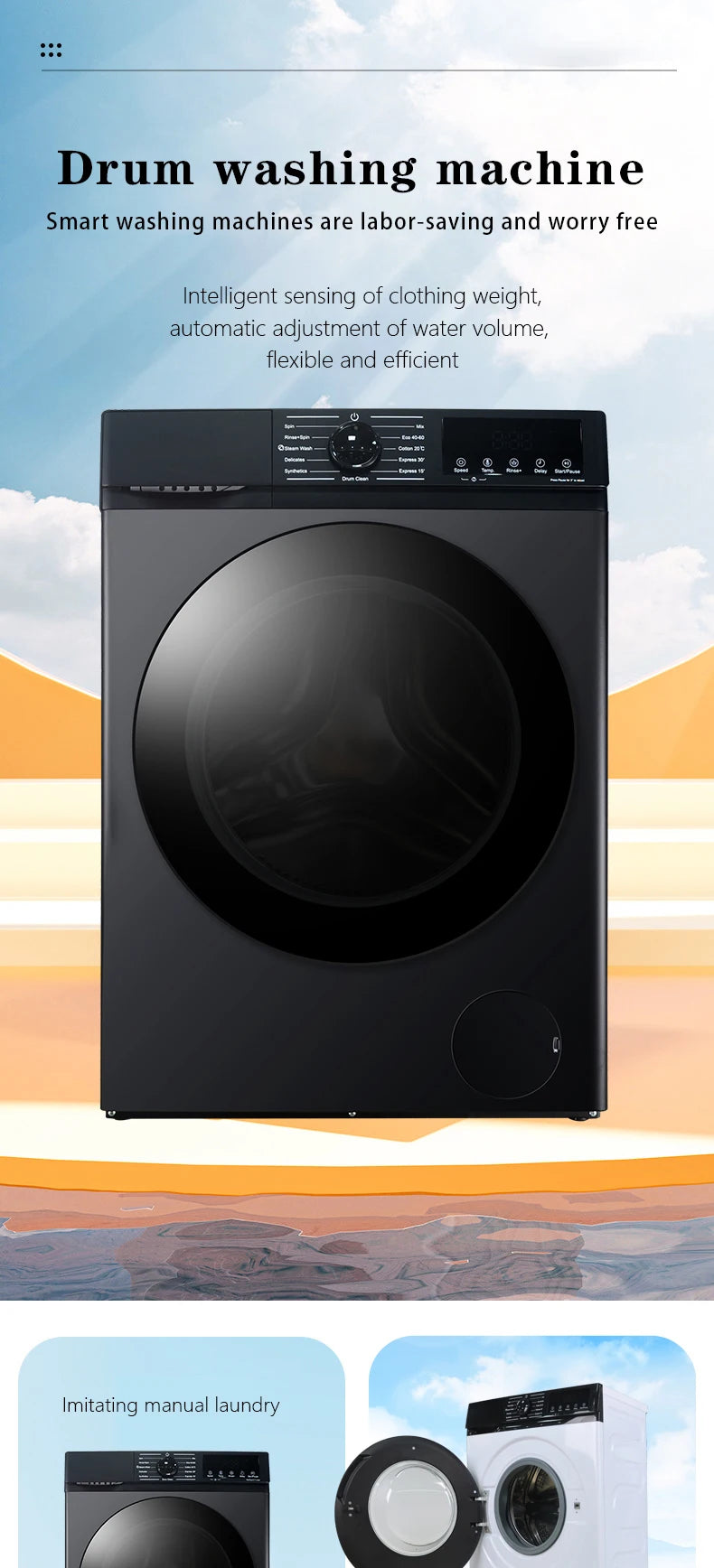 Tidesmit 12KG automatic washer dryer combo showing internal inverter motor and turbo wash feature, side view.