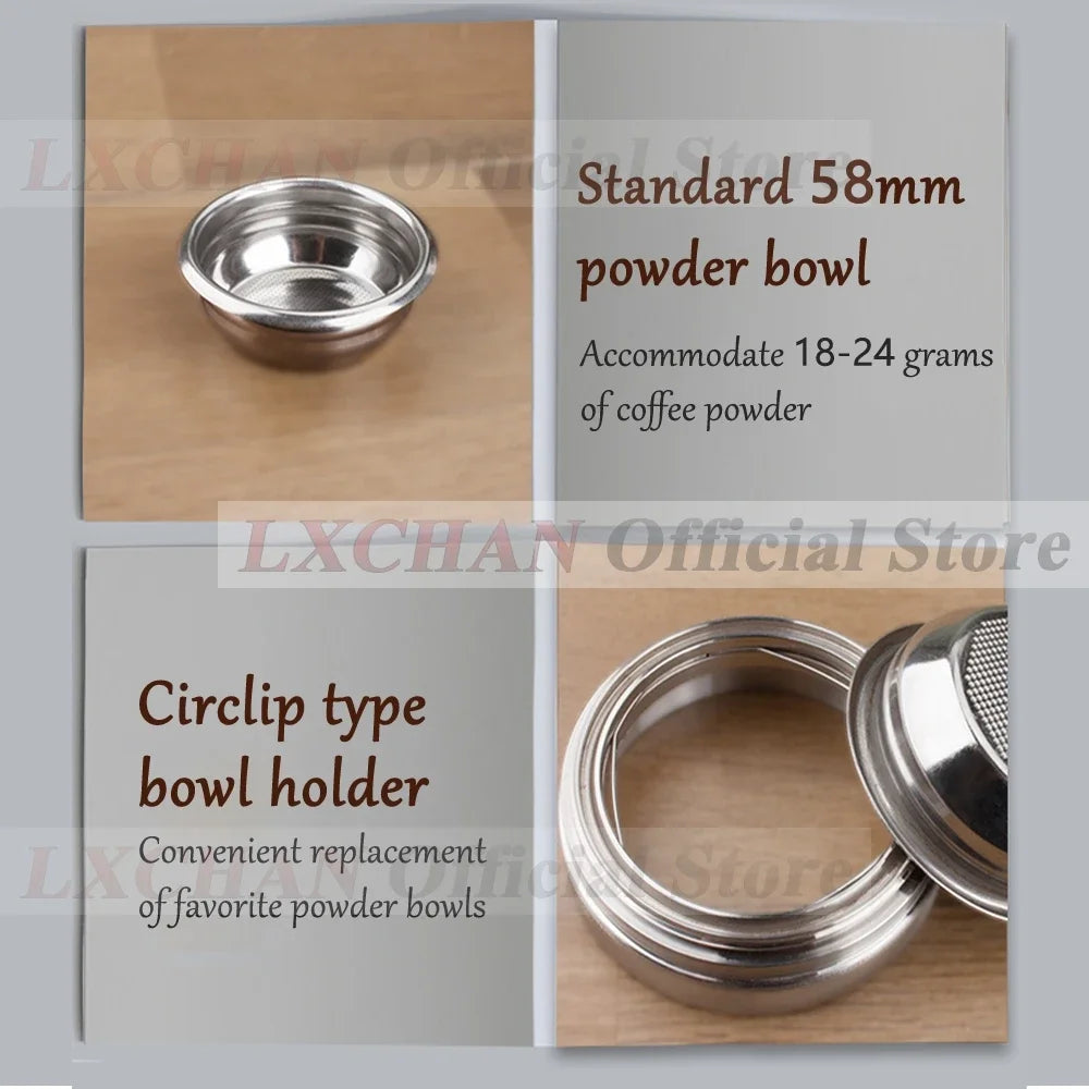 LXCHAN 58mm stainless steel espresso portafilter filter basket and circlip-style replacement bowl holder.