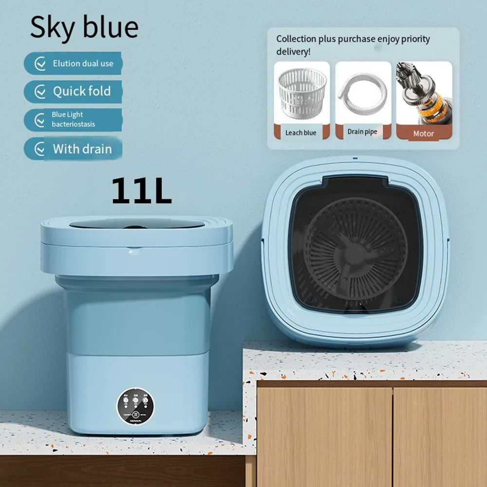 11 L sky blue folding automatic shoe washer with round lid opening and front control panel