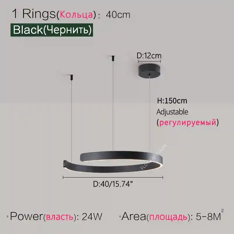 Modern 3-Ring LED Chandelier - Adjustable Dimmable Black Finish Black 40cm Tidesmit