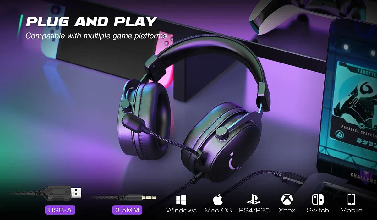 Tidesmit 7.1 Surround Sound PC Gaming Headset for PC PS5 Black Tidesmit