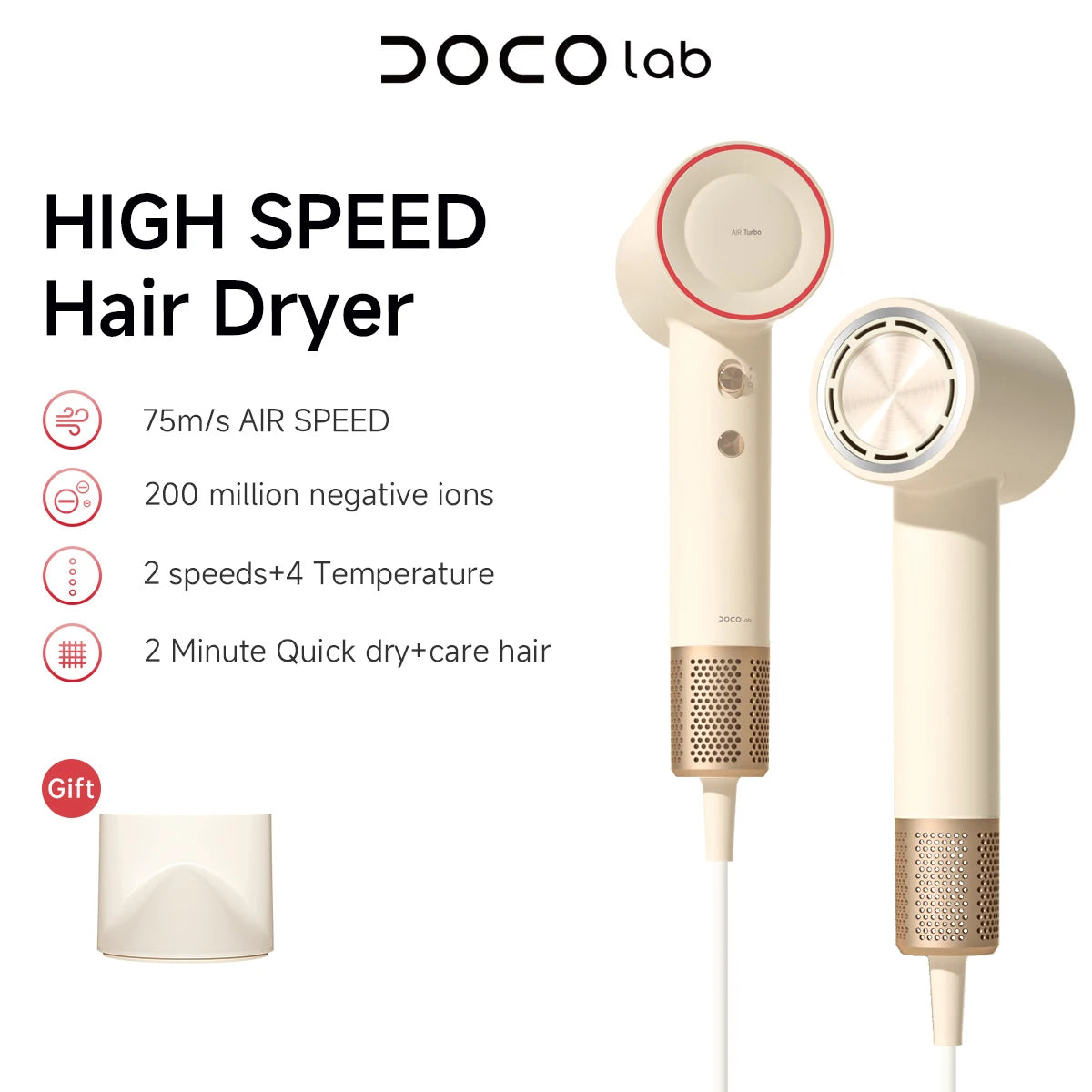 DOCO high-speed beige negative ion hair dryer with nozzle attachment, 110,000 RPM motor, and professional styling.