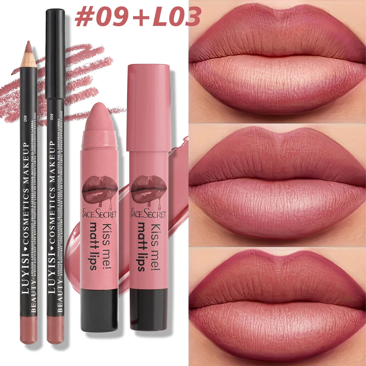 Professional 2pcs matte lip liner and lipstick kit in dusty rose with buildable, waterproof, long-wear coverage.