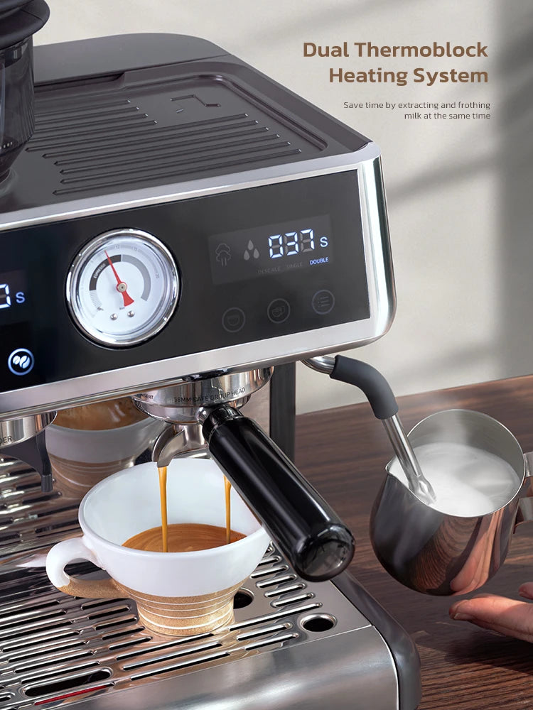 Black and stainless steel espresso machine with dual thermoblock heating, pressure gauge, and milk frothing pitcher.