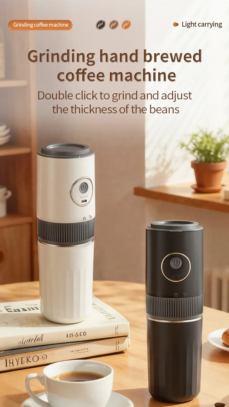 Portable white and black electric coffee grinders with built-in bean mills for hand brewed coffee on a table.