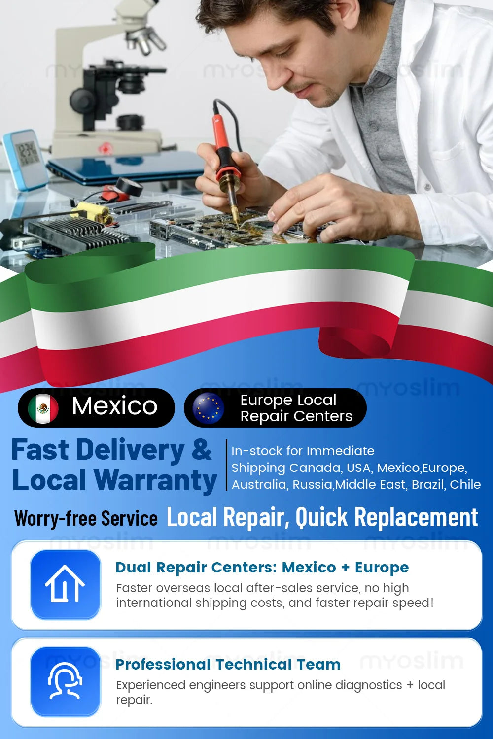 Technician soldering circuit board with flags, text detailing repair services, and global delivery information.