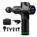 Black handheld percussion massage gun with digital display, six interchangeable heads, charging cable, and carry case.