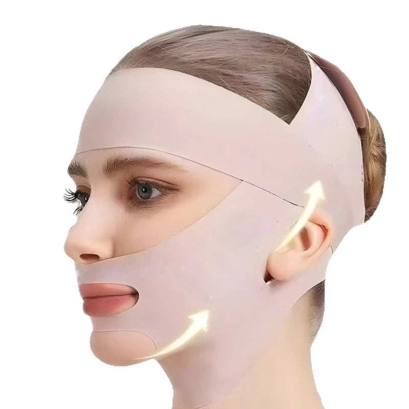 Beige double-deck face slimming bandage for V-line lifting and double chin reduction on a woman.