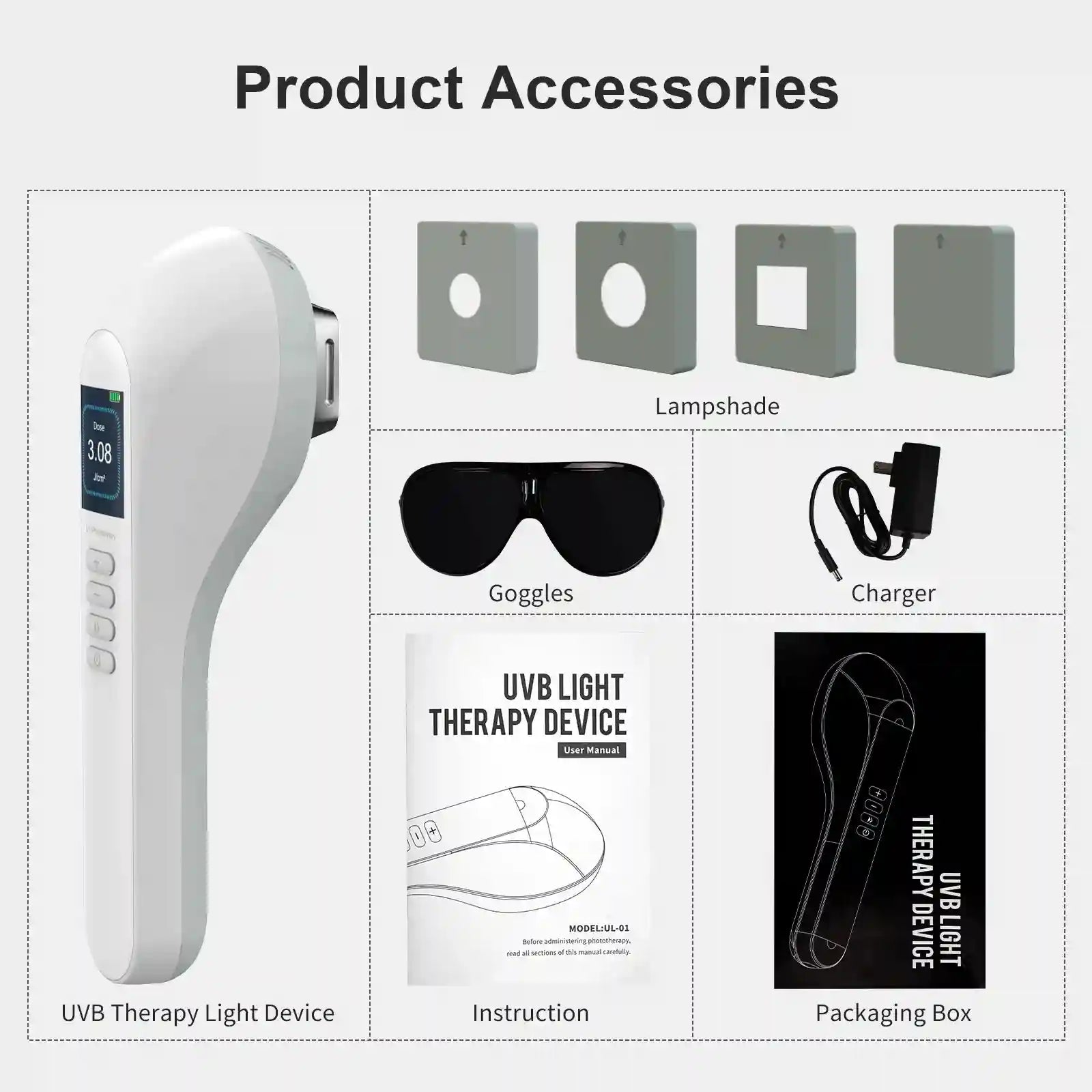 Handheld white UVB therapy device, four plastic lamp shades, protective goggles, charger, manual, and packaging box.