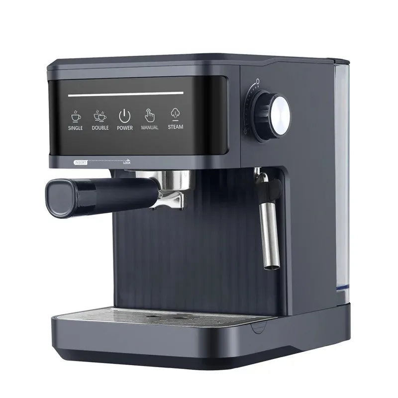 Dark grey espresso machine with touch control panel, stainless steel steam wand, portafilter, and water reservoir.