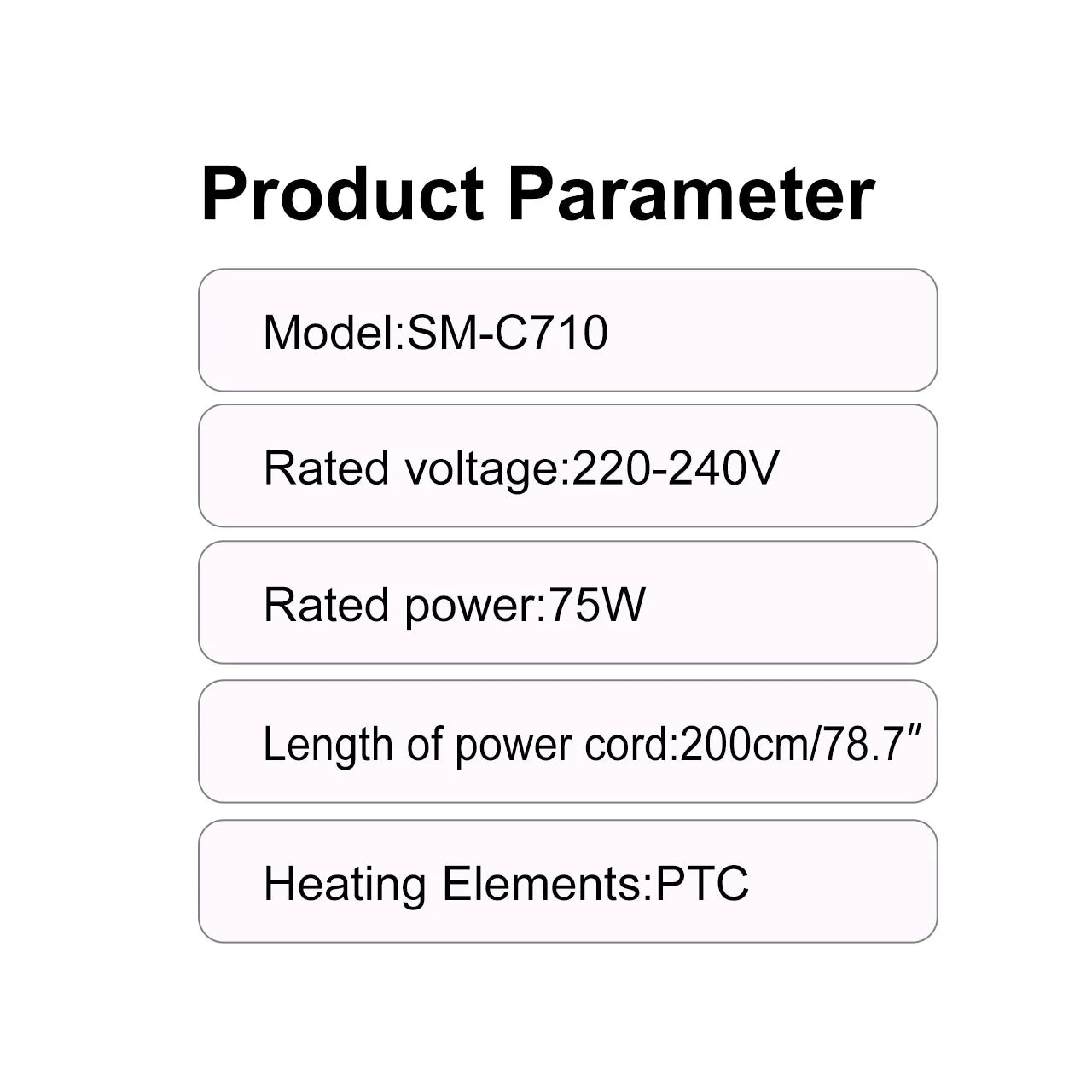 Hatteker SM-C710 electric curling comb technical specifications chart featuring 75W power and PTC heating technology.
