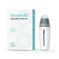 Bio H24 derma stamp microneedling tool with adjustable needle size and white serum applicator box for skincare.