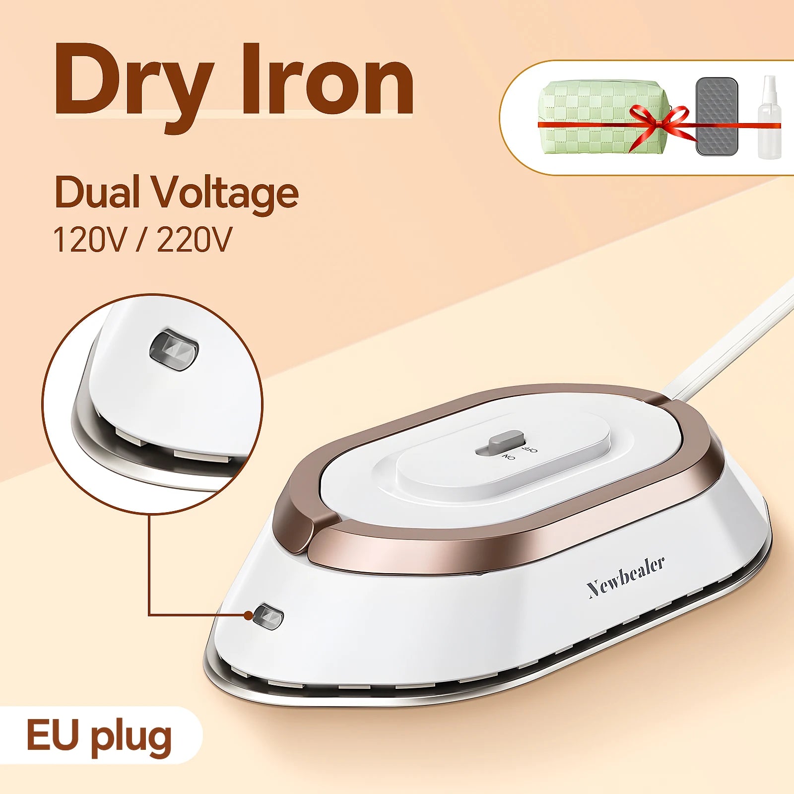 Tidesmit mini handheld travel iron showing compact lightweight design for 120V 220V dual voltage fabric heat pressing
