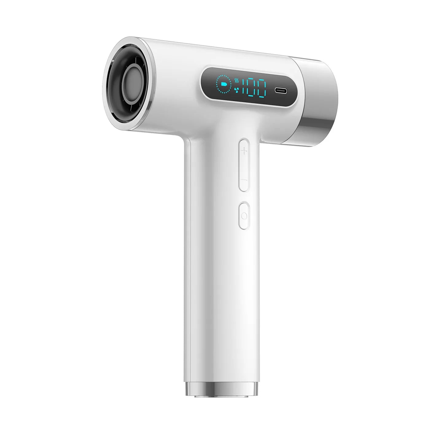 White portable wireless hair dryer with LED display, USB charging, and high-power airflow for dormitory use.