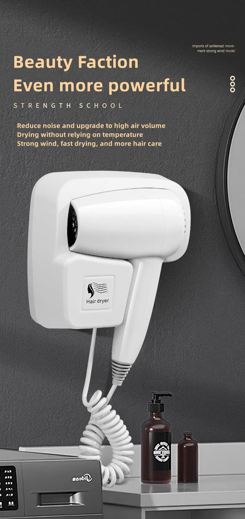 White 1300W wall-mounted hair dryer with coiled cord, non-perforated mount for hotel and home bathroom use.