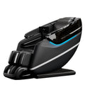 Black leather massage chair with full-body recline, integrated footrests, and glowing blue LED side accent lighting.
