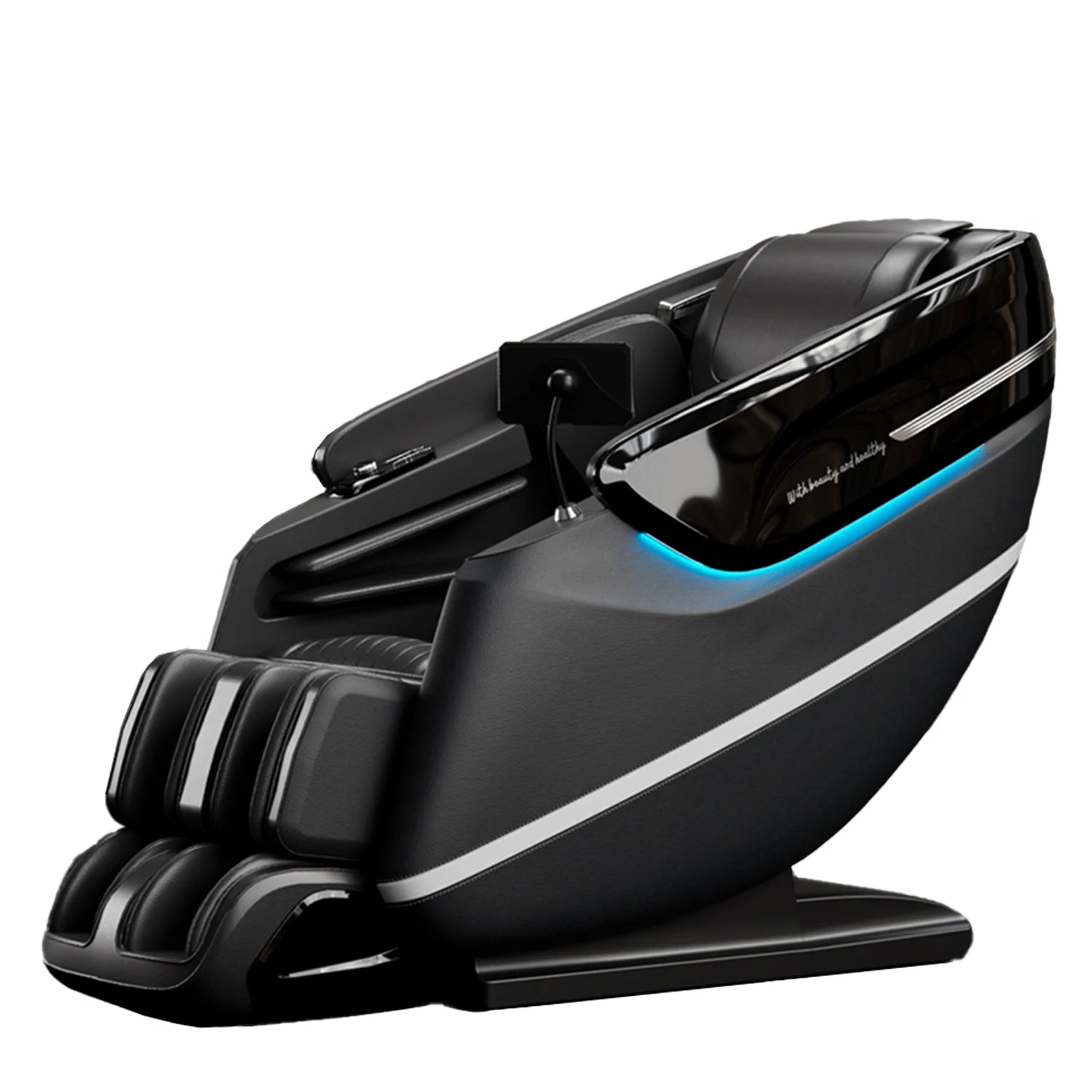 Black leather massage chair with full-body recline, integrated footrests, and glowing blue LED side accent lighting.