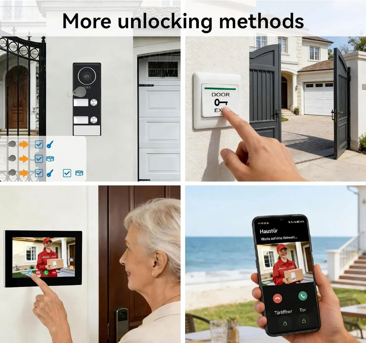 WiFi video doorbell intercom showing door unlock options with app and remote access