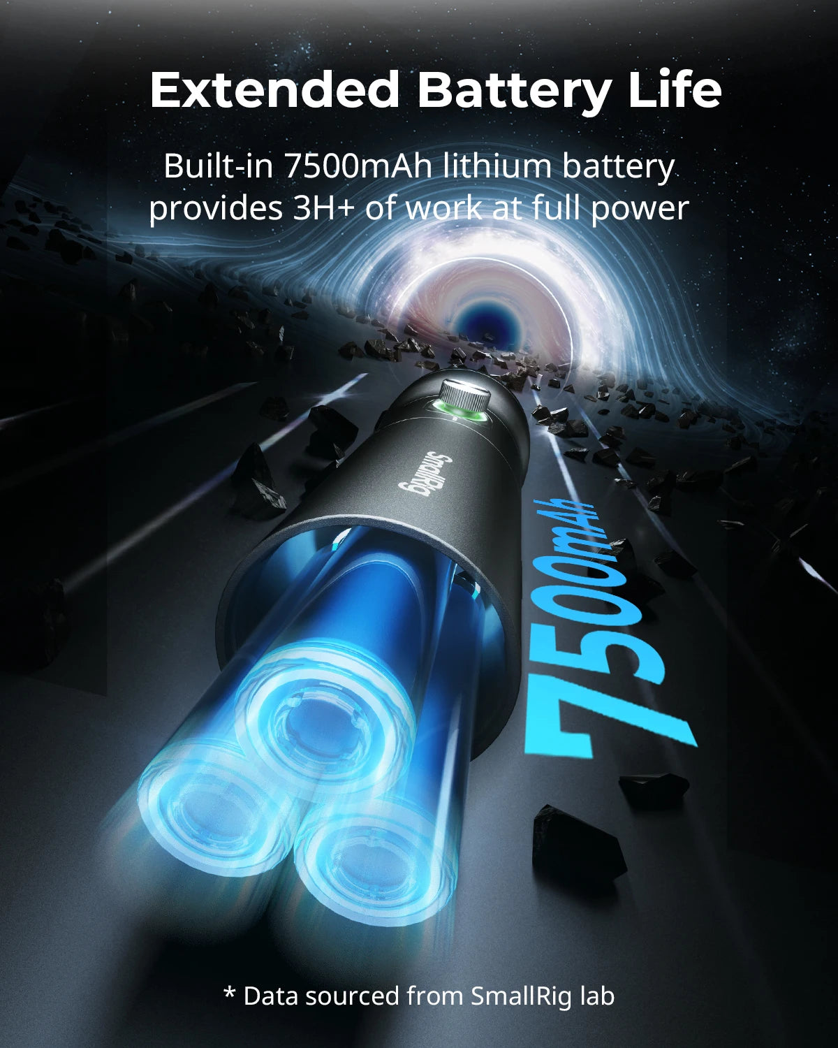 Black cylindrical light with a 7500mAh lithium battery for extended power and professional lighting.