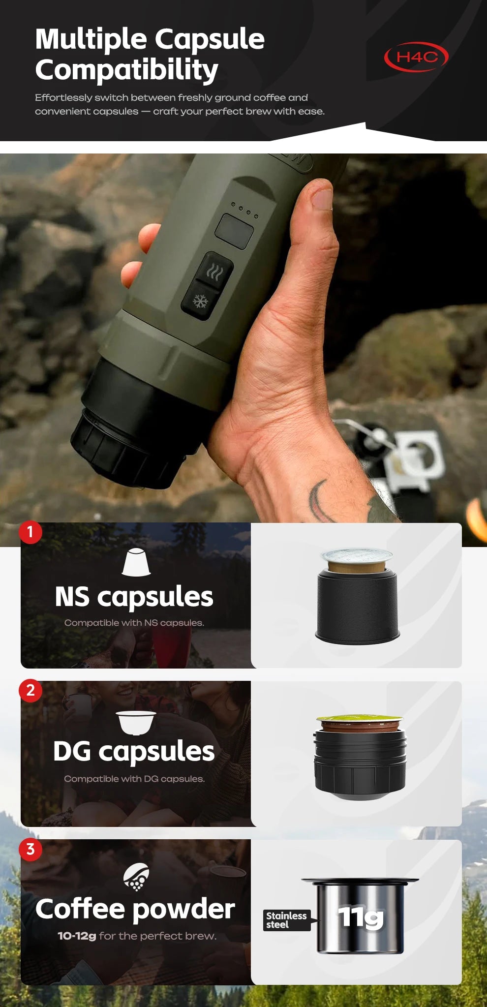 H4C portable olive green coffee maker with hot and cold brew settings, compatible with capsules and 11g coffee powder.